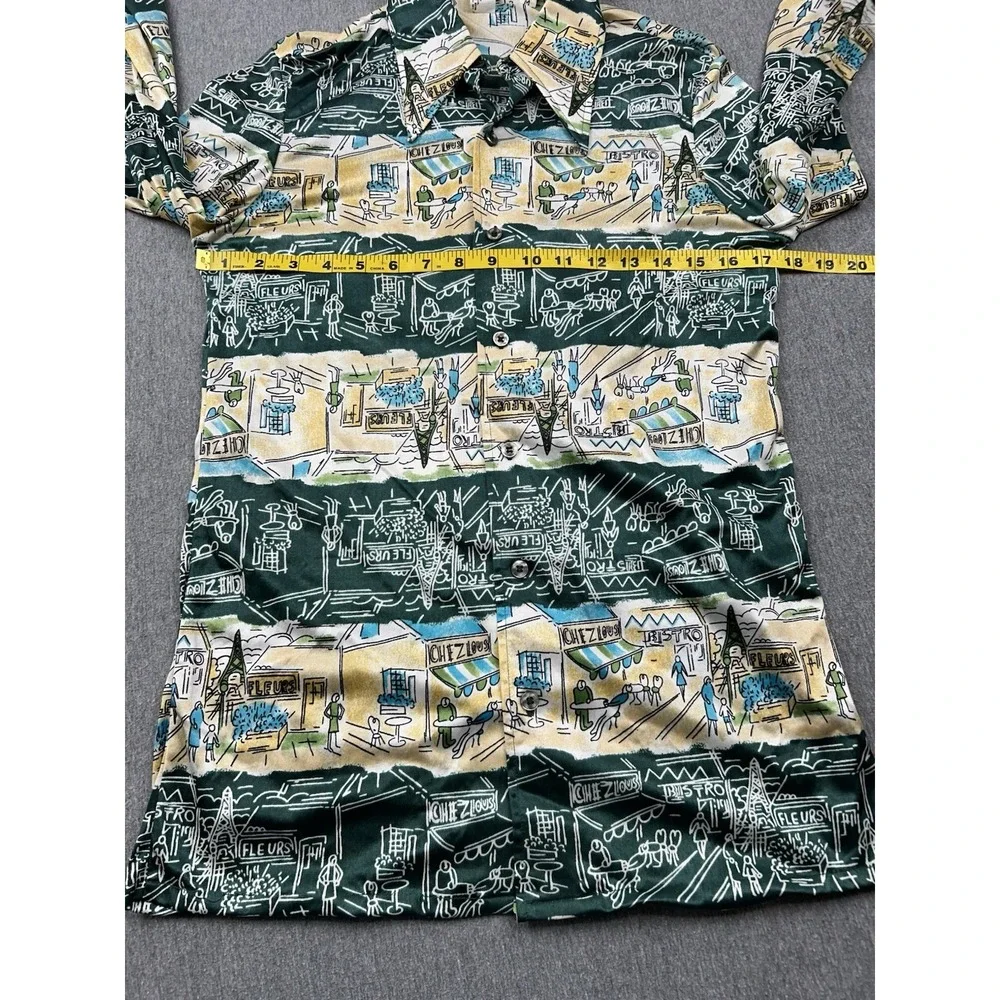 Vintage Hutspah Button Up Shirt Mens Medium Green Yellow French Bistro‎ Nylon